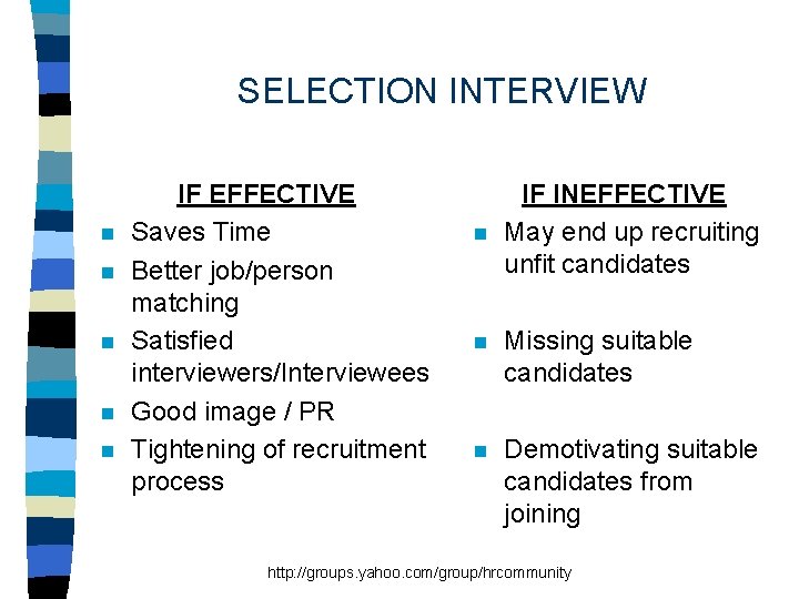 SELECTION INTERVIEW n n n IF EFFECTIVE Saves Time Better job/person matching Satisfied interviewers/Interviewees