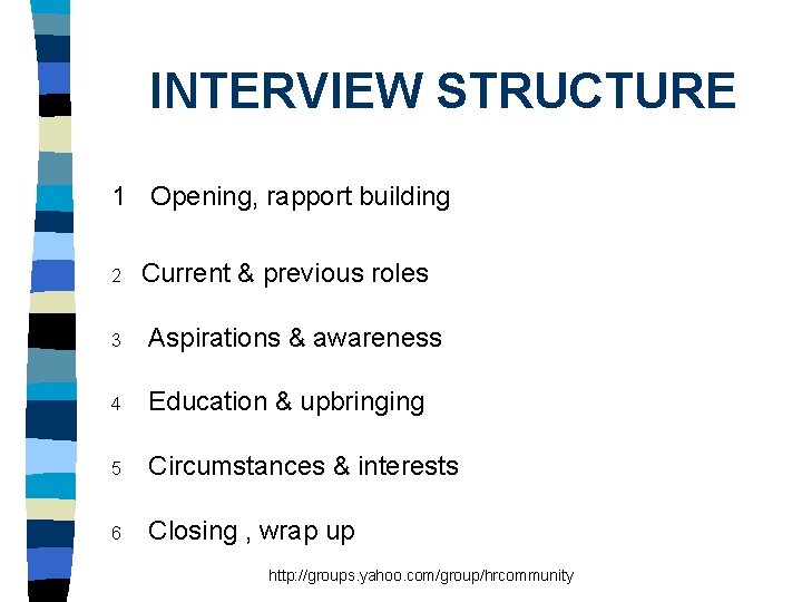INTERVIEW STRUCTURE 1 2 Opening, rapport building Current & previous roles 3 Aspirations &
