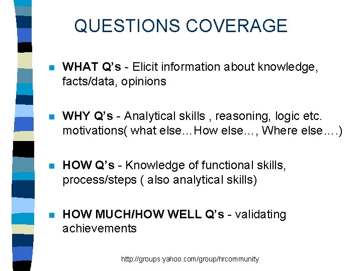 QUESTIONS COVERAGE n WHAT Q’s - Elicit information about knowledge, facts/data, opinions n WHY