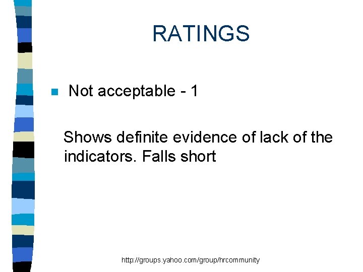 RATINGS n Not acceptable - 1 Shows definite evidence of lack of the indicators.