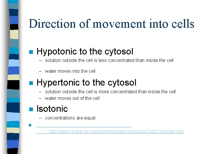 Direction of movement into cells n Hypotonic to the cytosol – solution outside the