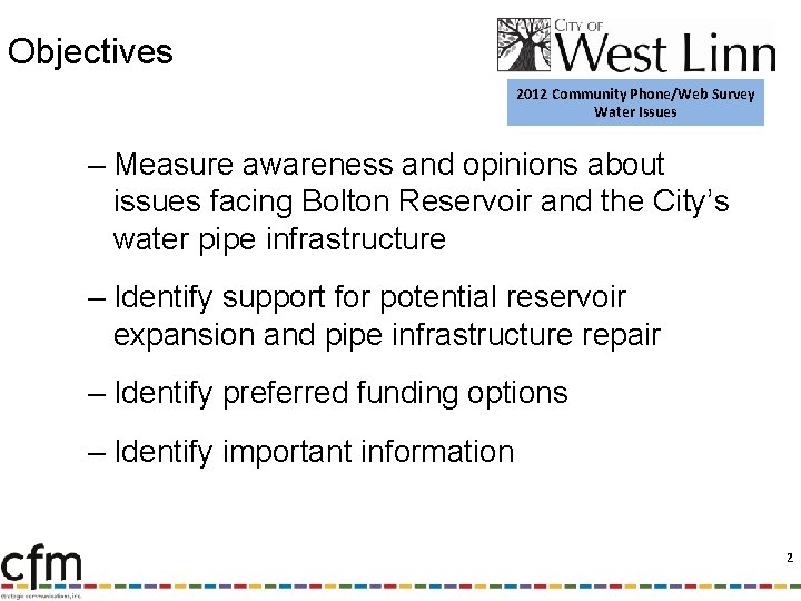 Objectives 2012 Community Phone/Web Survey Water Issues – Measure awareness and opinions about issues