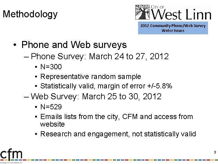 Methodology 2012 Community Phone/Web Survey Water Issues • Phone and Web surveys – Phone
