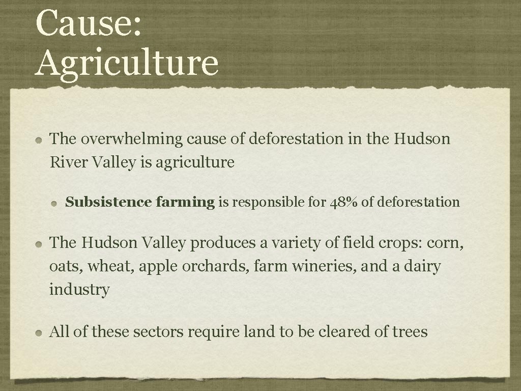 Cause: Agriculture The overwhelming cause of deforestation in the Hudson River Valley is agriculture