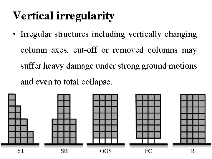 Vertical irregularity • Irregular structures including vertically changing column axes, cut-off or removed columns