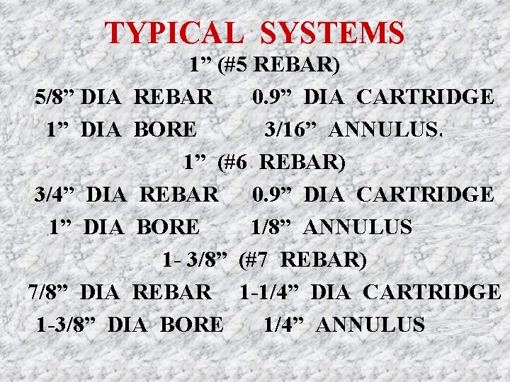 TYPICAL SYSTEMS • 1” (#5 REBAR) • 5/8” DIA REBAR 0. 9” DIA CARTRIDGE