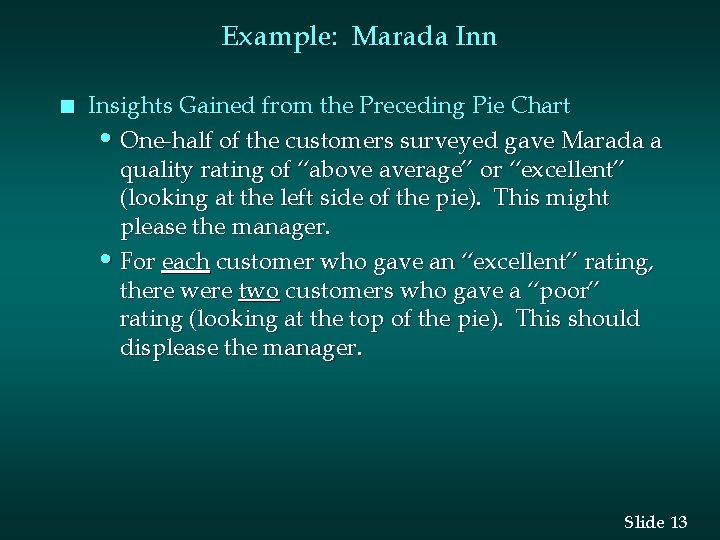 Example: Marada Inn n Insights Gained from the Preceding Pie Chart • One-half of