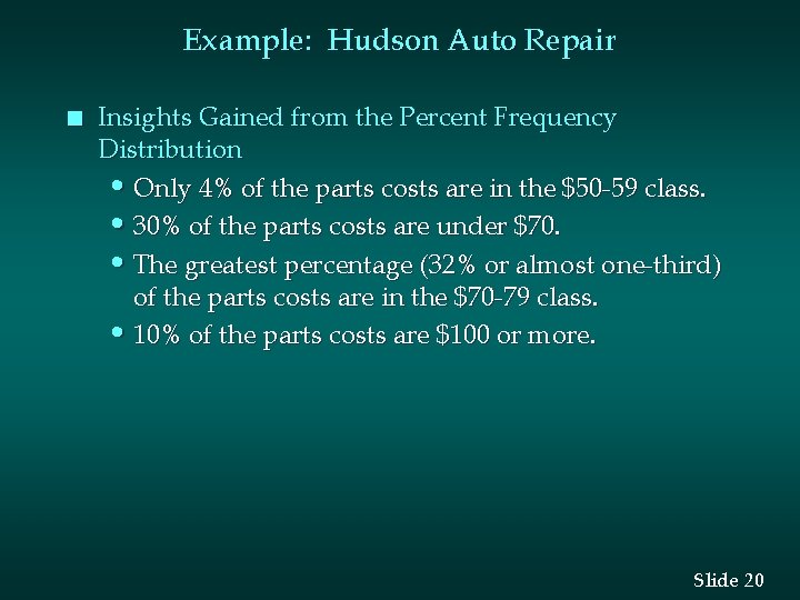 Example: Hudson Auto Repair n Insights Gained from the Percent Frequency Distribution • Only