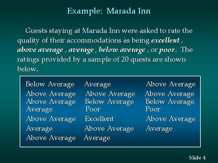 Example: Marada Inn Guests staying at Marada Inn were asked to rate the quality