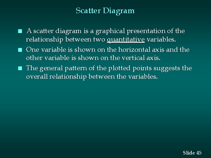 Scatter Diagram n n n A scatter diagram is a graphical presentation of the Scatter Diagram n n n A scatter diagram is a graphical presentation of the