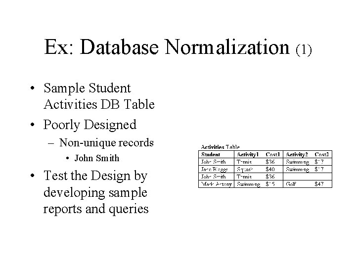 Ex: Database Normalization (1) • Sample Student Activities DB Table • Poorly Designed –