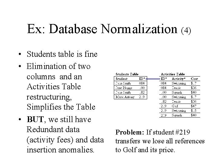 Ex: Database Normalization (4) • Students table is fine • Elimination of two columns