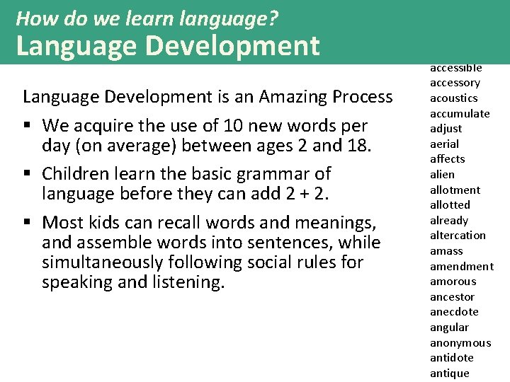 How do we learn language? Language Development is an Amazing Process § We acquire