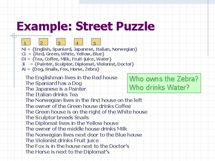 Example: Street Puzzle 2 3 4 1 5 Ni = {English, Spaniard, Japanese, Italian,
