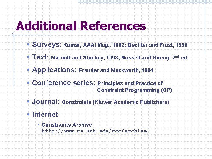 Additional References § Surveys: Kumar, AAAI Mag. , 1992; Dechter and Frost, 1999 §