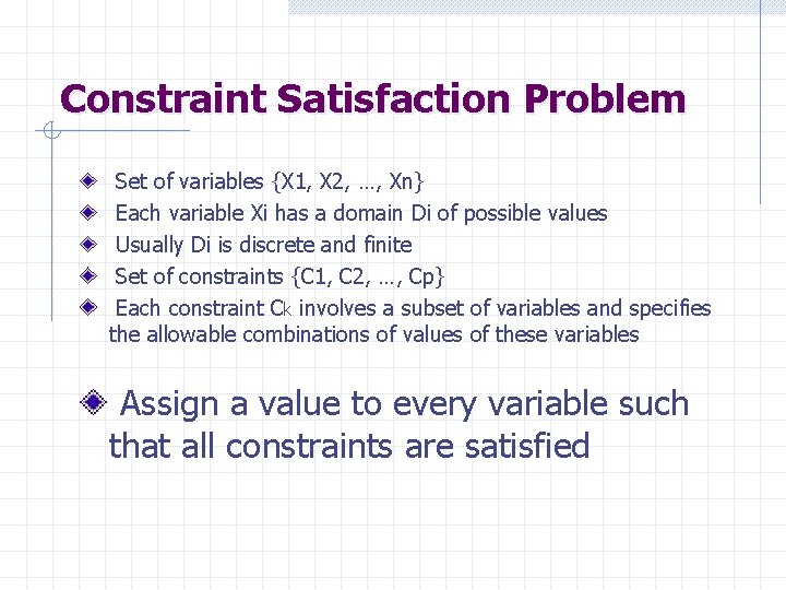 Constraint Satisfaction Problem Set of variables {X 1, X 2, …, Xn} Each variable