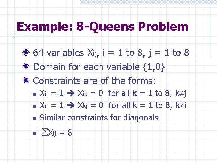 Example: 8 -Queens Problem 64 variables Xij, i = 1 to 8, j =