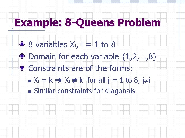 Example: 8 -Queens Problem 8 variables Xi, i = 1 to 8 Domain for