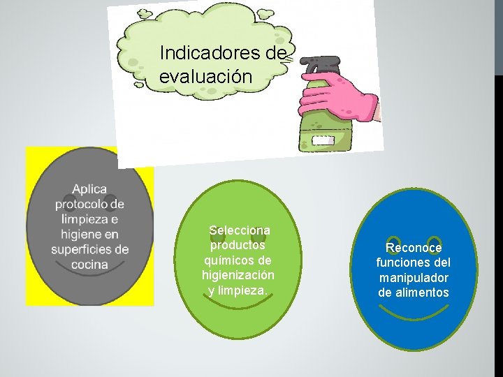 Indicadores de evaluación Selecciona productos químicos de higienización y limpieza. Reconoce funciones del manipulador