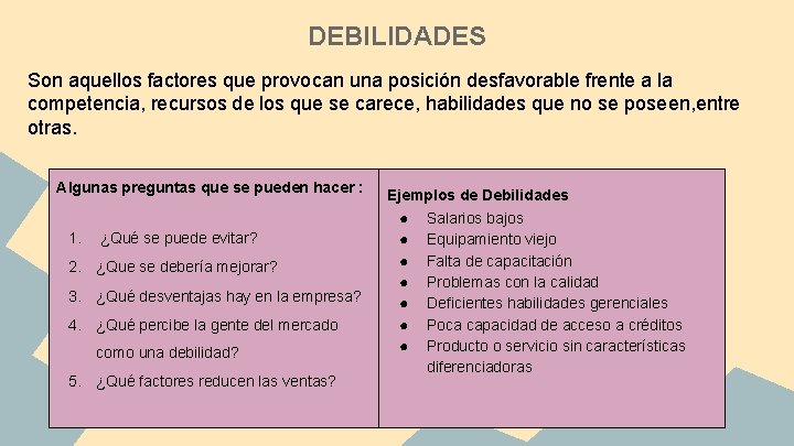 DEBILIDADES Son aquellos factores que provocan una posición desfavorable frente a la competencia, recursos