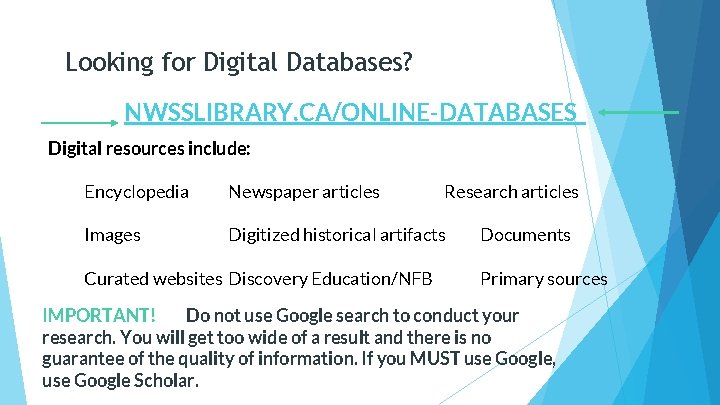 Looking for Digital Databases? NWSSLIBRARY. CA/ONLINE-DATABASES Digital resources include: Encyclopedia Newspaper articles Images Digitized