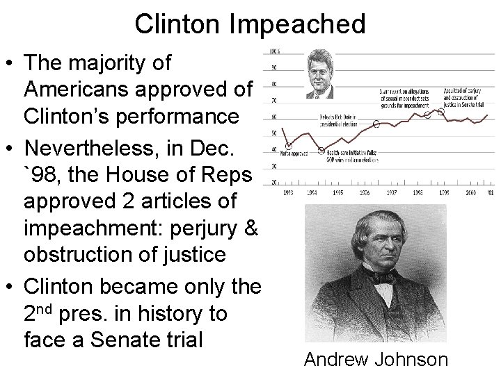 Clinton Impeached • The majority of Americans approved of Clinton’s performance • Nevertheless, in