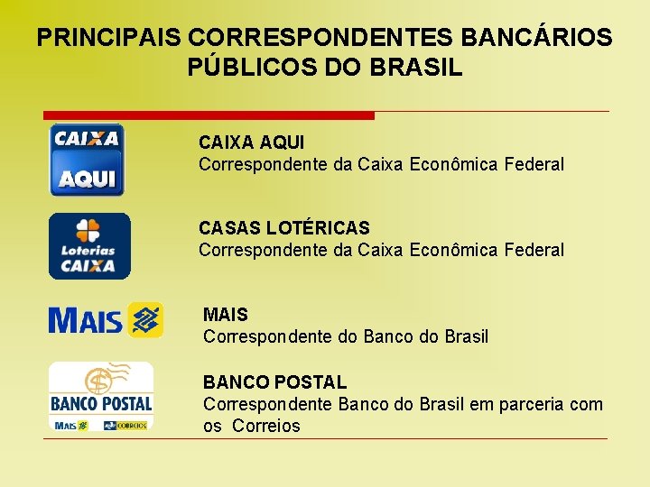 PRINCIPAIS CORRESPONDENTES BANCÁRIOS PÚBLICOS DO BRASIL CAIXA AQUI Correspondente da Caixa Econômica Federal CASAS