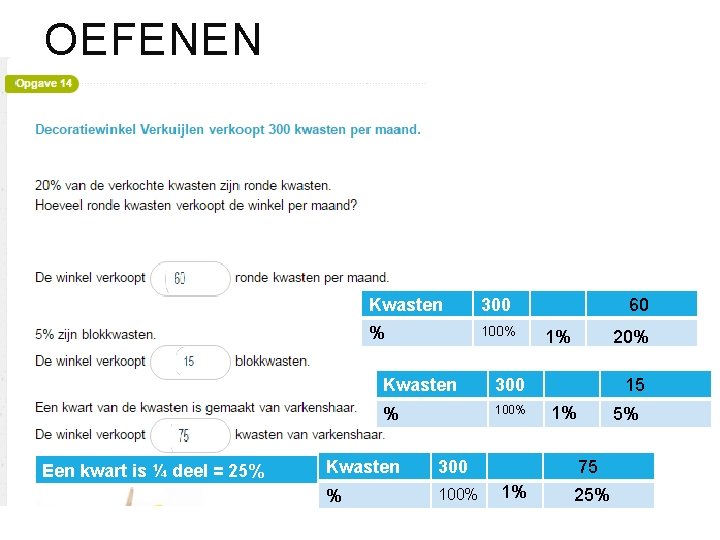 OEFENEN Een kwart is ¼ deel = 25% Kwasten 300 % 100% 60 20%