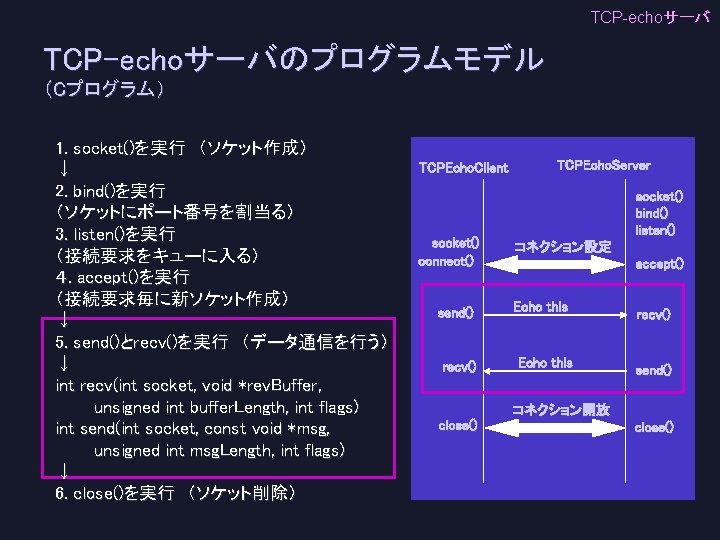 TCPecho C 1 socket 2 bind 3 listen