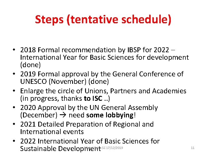 Steps (tentative schedule) • 2018 Formal recommendation by IBSP for 2022 – International Year