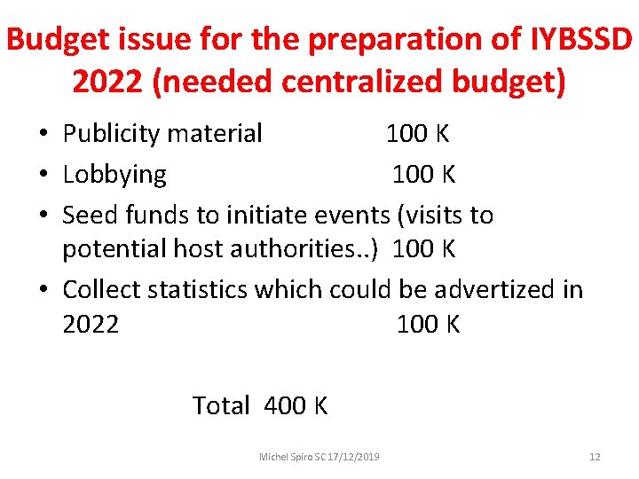 Budget issue for the preparation of IYBSSD 2022 (needed centralized budget) • Publicity material