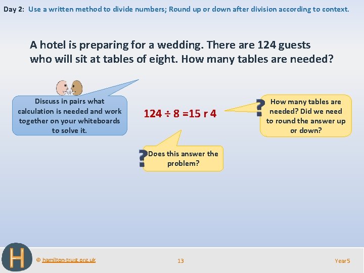 Day 2: Use a written method to divide numbers; Round up or down after