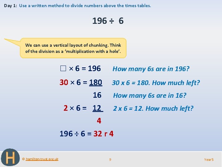 Day 1: Use a written method to divide numbers above the times tables. 196