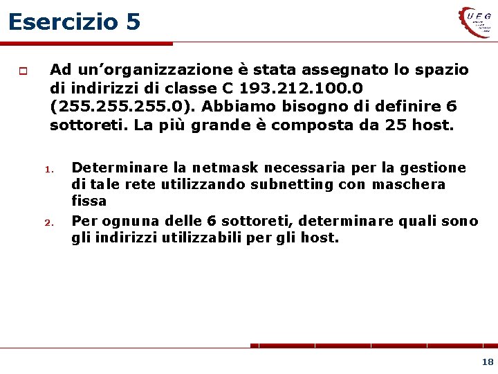 Esercizio 5 Ad un’organizzazione è stata assegnato lo spazio di indirizzi di classe C