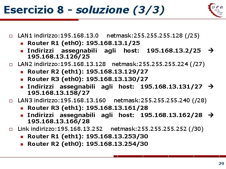 Esercizio 8 - soluzione (3/3) LAN 1 indirizzo: 195. 168. 13. 0 netmask: 255.