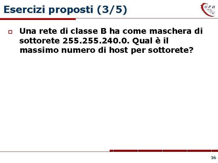 Esercizi proposti (3/5) Una rete di classe B ha come maschera di sottorete 255.