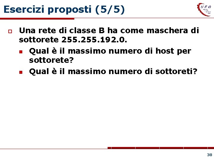 Esercizi proposti (5/5) Una rete di classe B ha come maschera di sottorete 255.