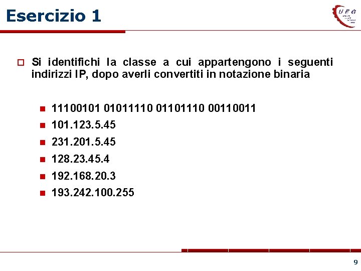 Esercizio 1 Si identifichi la classe a cui appartengono i seguenti indirizzi IP, dopo