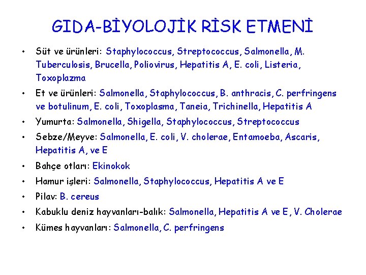 GIDA-BİYOLOJİK RİSK ETMENİ • Süt ve ürünleri: Staphylococcus, Streptococcus, Salmonella, M. Tuberculosis, Brucella, Poliovirus,