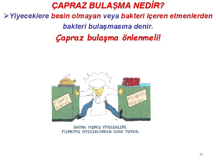 ÇAPRAZ BULAŞMA NEDİR? ØYiyeceklere besin olmayan veya bakteri içeren etmenlerden bakteri bulaşmasına denir. Çapraz