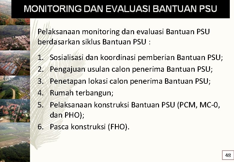 MONITORING DAN EVALUASI BANTUAN PSU Pelaksanaan monitoring dan evaluasi Bantuan PSU berdasarkan siklus Bantuan