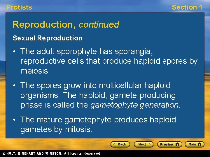 Protists Section 1 Reproduction, continued Sexual Reproduction • The adult sporophyte has sporangia, reproductive