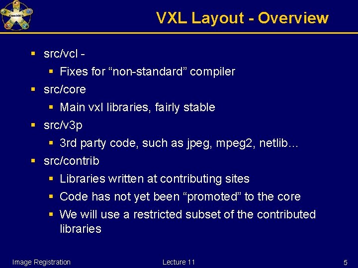 VXL Layout - Overview § src/vcl § Fixes for “non-standard” compiler § src/core §