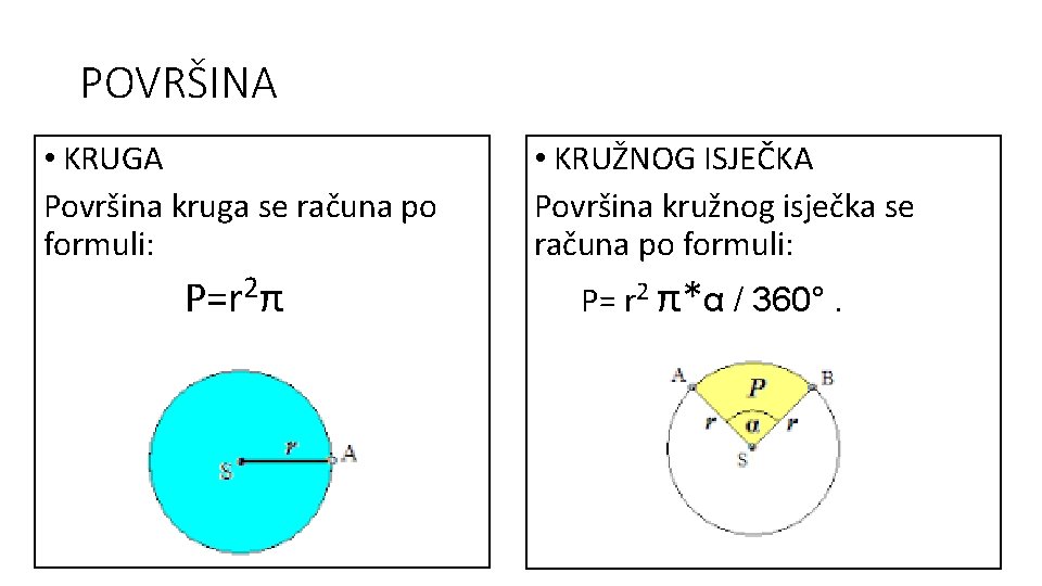 POVRŠINA • KRUGA Površina kruga se računa po formuli: P=r 2π • KRUŽNOG ISJEČKA