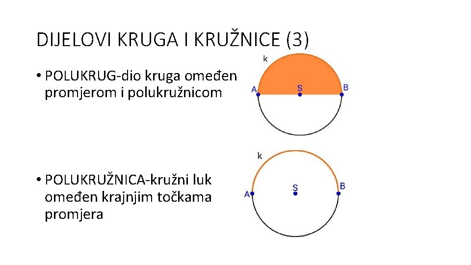 DIJELOVI KRUGA I KRUŽNICE (3) • POLUKRUG-dio kruga omeđen promjerom i polukružnicom • POLUKRUŽNICA-kružni