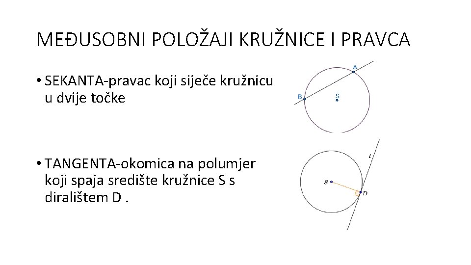 MEĐUSOBNI POLOŽAJI KRUŽNICE I PRAVCA • SEKANTA-pravac koji siječe kružnicu u dvije točke •