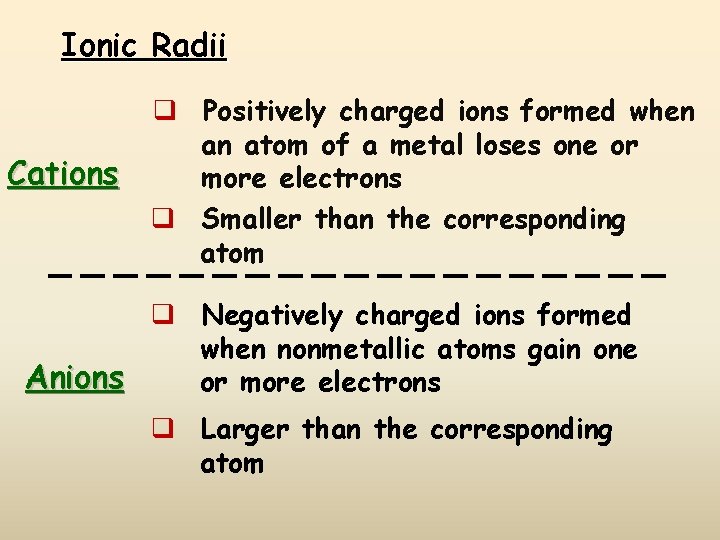 Ionic Radii Cations q Positively charged ions formed when an atom of a metal Ionic Radii Cations q Positively charged ions formed when an atom of a metal