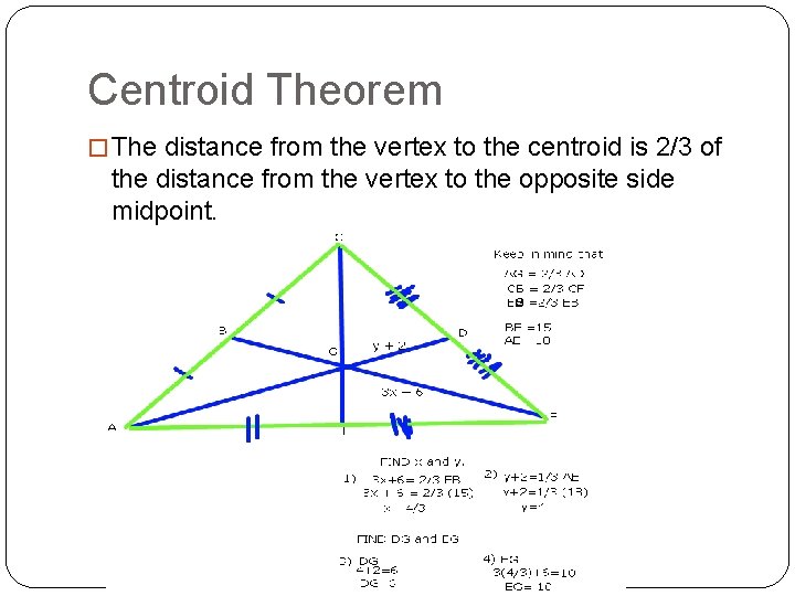 Centroid Theorem � The distance from the vertex to the centroid is 2/3 of