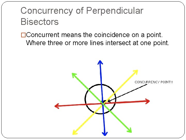Concurrency of Perpendicular Bisectors �Concurrent means the coincidence on a point. Where three or