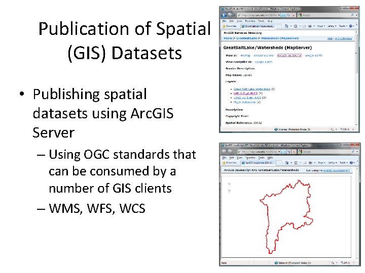 Publication of Spatial (GIS) Datasets • Publishing spatial datasets using Arc. GIS Server –